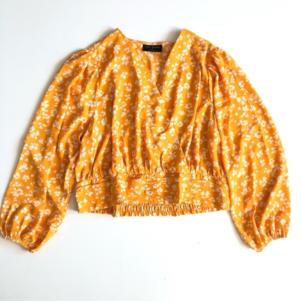Lane Bryant Yellow Long Sleeve Blouse Floral Print Surplice Front Size 20